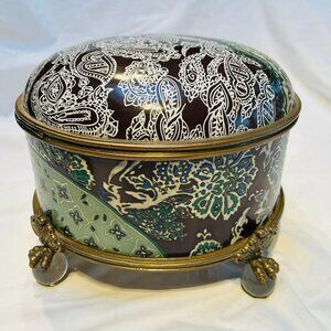 Castilian Imports Vintage Porcelain Keepsake Box, Bronze Footed with Crystal Orb
